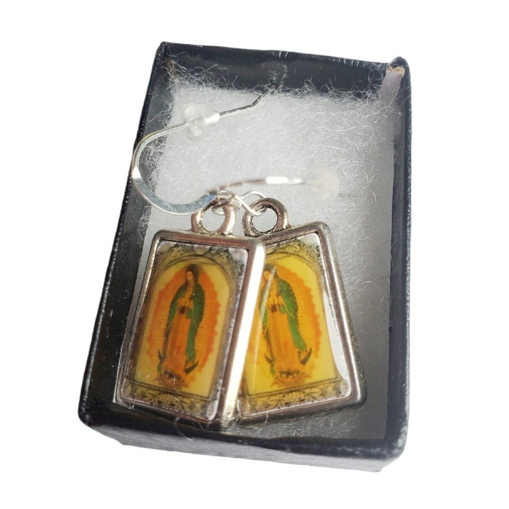 Handmade Virgin de Guadalupe Earrings Sterling Silver Hooks Vintage Metal Charms